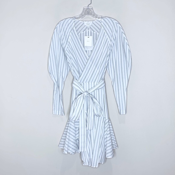 NEW A.L.C. Enzo Puff Sleeve Striped Poplin Wrap Dress (Sz 6) White Salmon - Picture 5 of 15